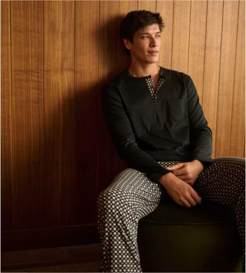 Pyjama long homme col tunisien Noir