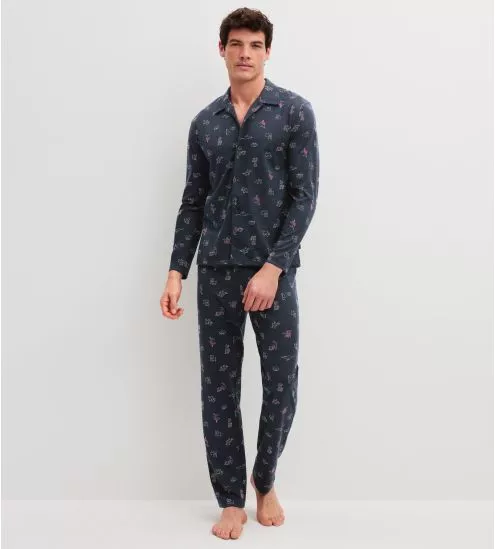 Pyjama boutonné homme imprimé chiens Dark Sapphire