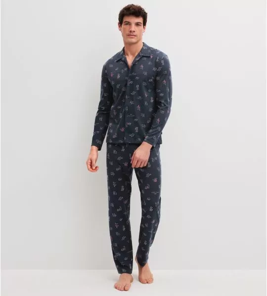 Pyjama boutonné homme imprimé chiens Dark Sapphire