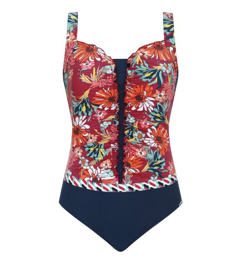 Maillot de bain fleuri froncé pour prothèses rouge et bleu