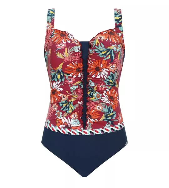 Maillot de bain fleuri froncé pour prothèses rouge et bleu