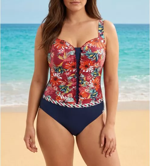 Maillot de bain fleuri froncé pour prothèses rouge et bleu