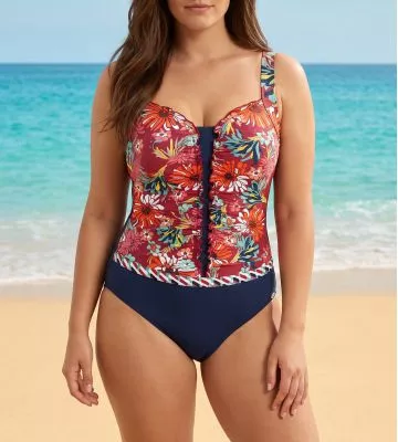 Maillot de bain fleuri froncé pour prothèses rouge et bleu