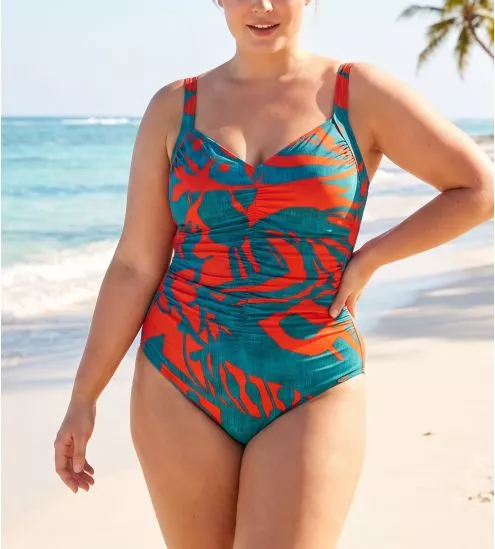 Maillot de bain une pièce froncé sur l'avant Bleu Jeans et Orange