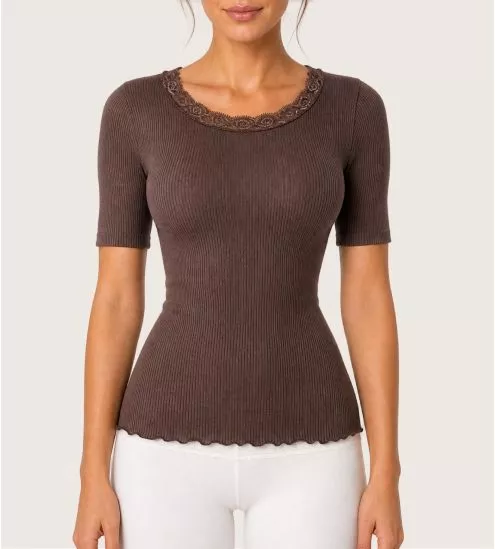 Top à manches courtes Laine & Soie Taupe