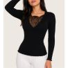 Pull fin col dentelle Laine et Soie Noir
