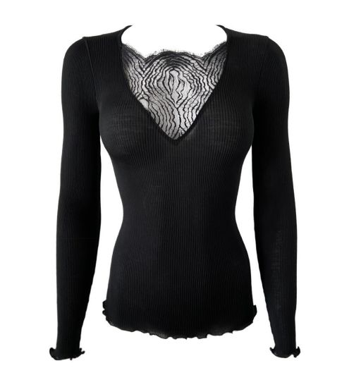 Pull fin col dentelle Laine et Soie Noir