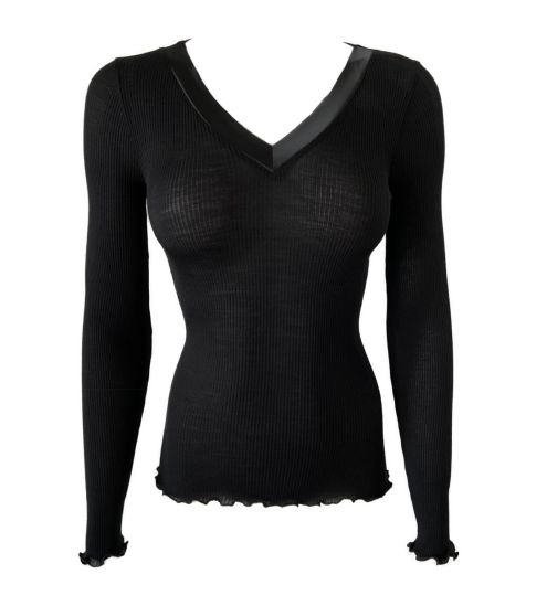 Pull fin col satiné Laine et Soie Noir