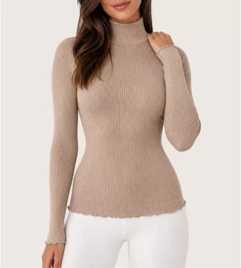 Pull fin col roulé Laine et Soie Beige