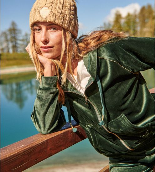 Veste zippée en velours à capuche vert kaki Helen Seashine