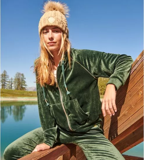 Veste zippée en velours à capuche vert kaki Helen Seashine