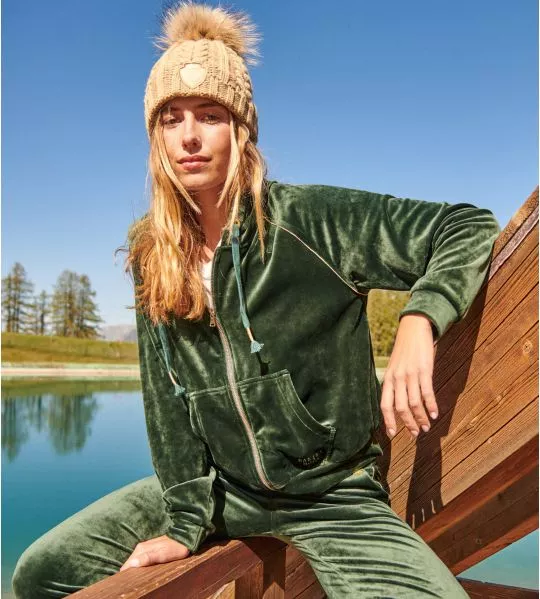 Veste zippée en velours à capuche vert kaki Helen Seashine