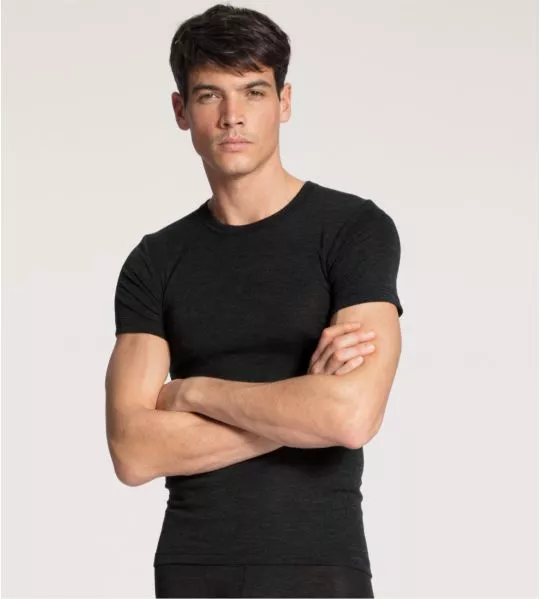 T-shirt manches courtes en laine et soie Wool & Silk Dark Moon Mel