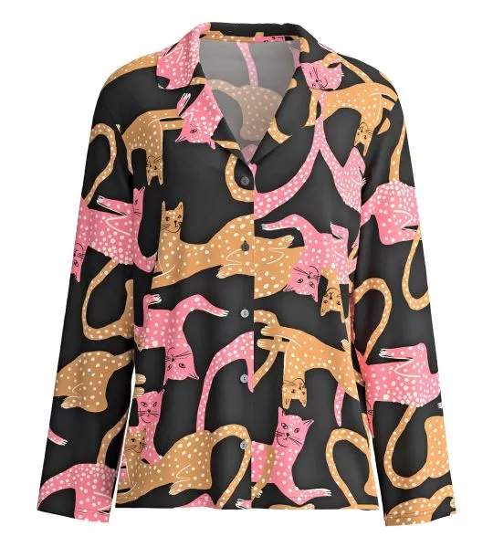 Chemise manches longues imprimé chat Noir