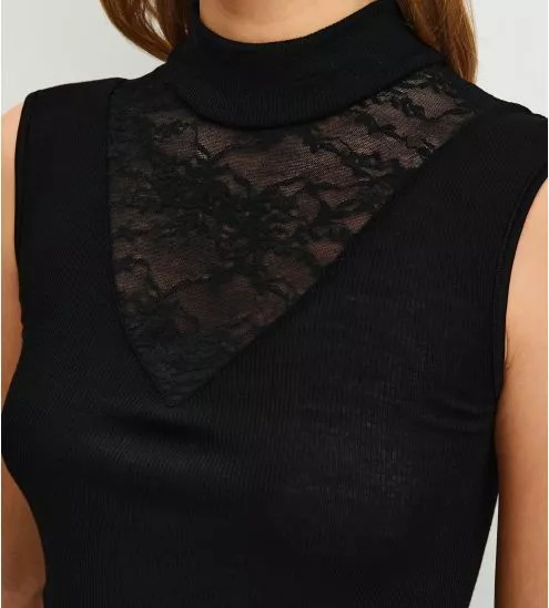 Top sans manches col montant en laine et soie Silky Wool Glam Noir