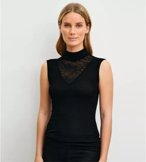 Top sans manches col montant en laine et soie Silky Wool Glam Noir