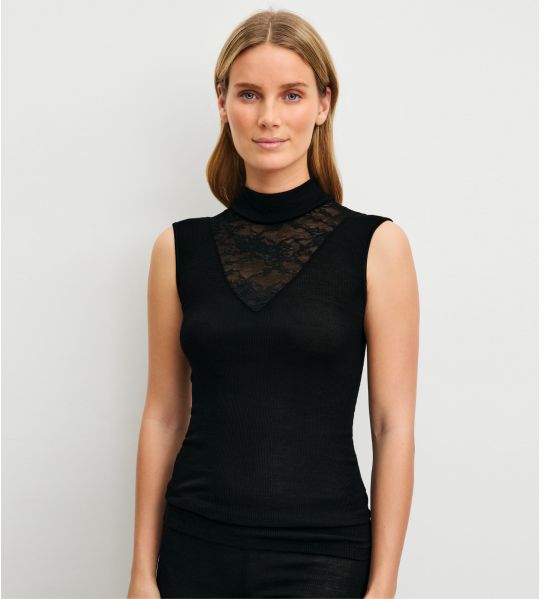 Ärmelloses Oberteil mit Stehkragen aus Wolle und Seide Silky Wool Glam Noir