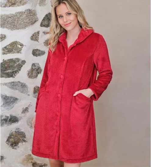 Robe de chambre boutonnée en velours Rouge