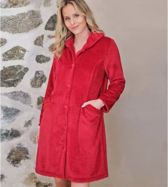 Robe de chambre boutonnée en velours Rouge