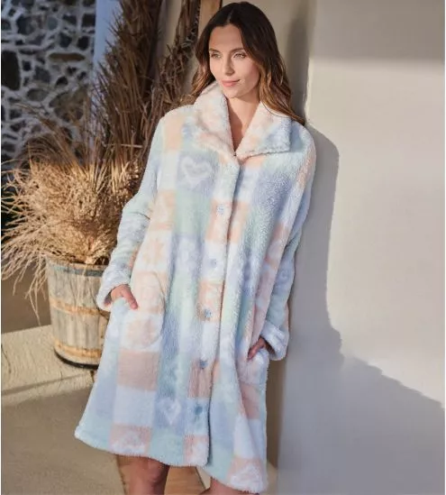 Robe de chambre boutonnée en pilou Bleu Ciel