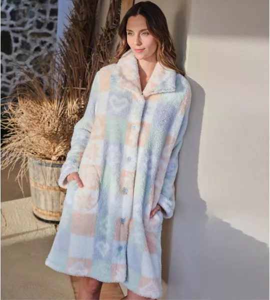 Robe de chambre boutonnée en pilou Bleu Ciel