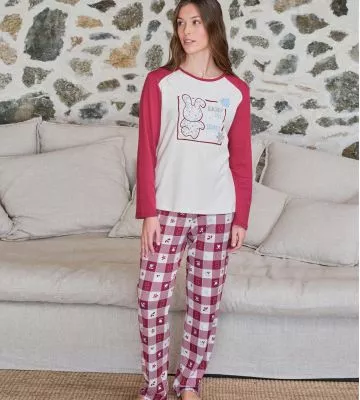 Pyjama carreaux femme interlock beige et rouge