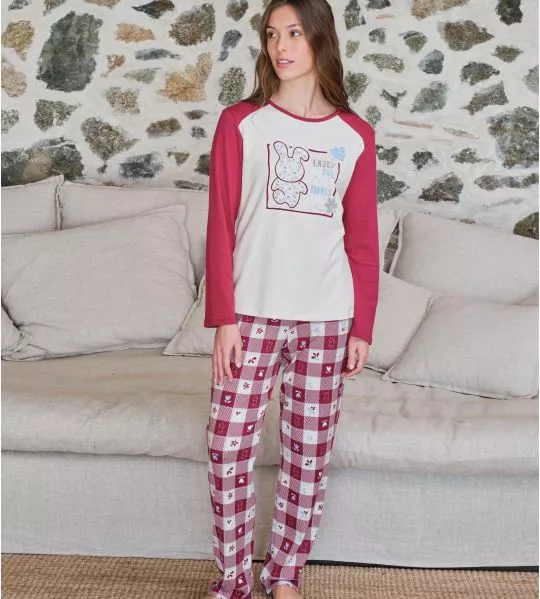 Pyjama carreaux femme interlock beige et rouge