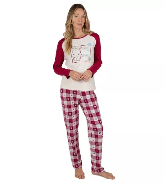 Pyjama carreaux femme interlock beige et rouge