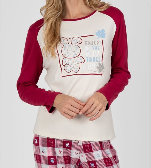 Pyjama carreaux femme interlock beige et rouge