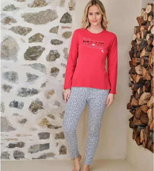 Pyjama manches longues à pois rouge et gris