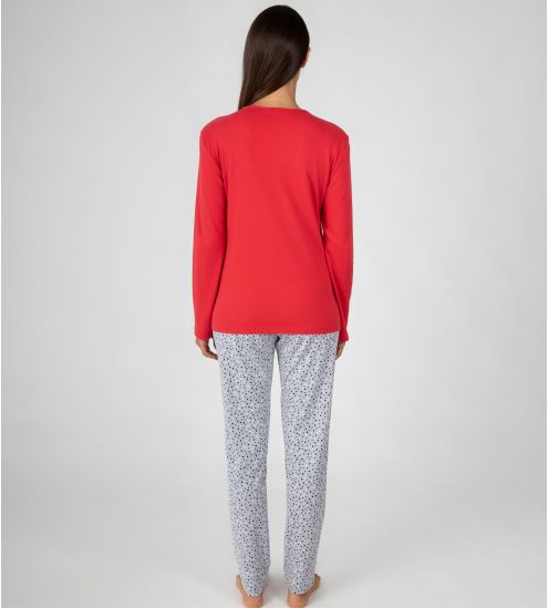 Pyjama manches longues à pois rouge et gris