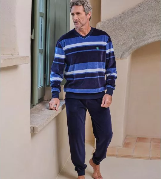 Pyjama velours chaud homme Bleu