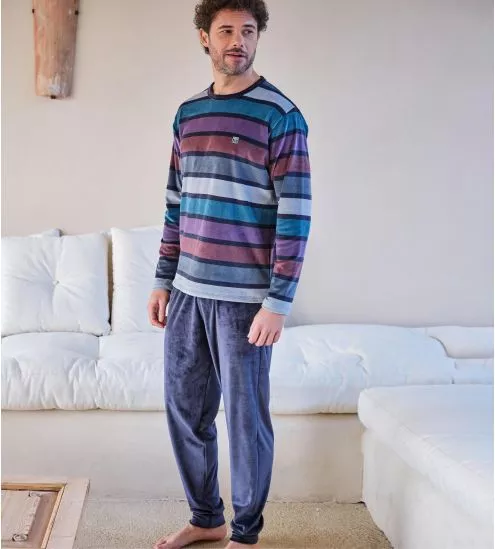 Pyjama homme en velours à rayures Bleu