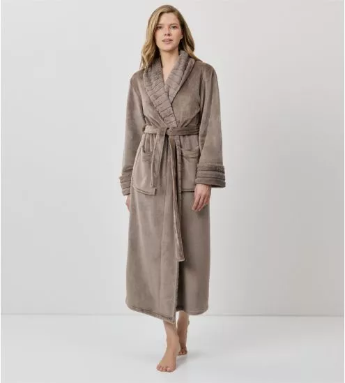 Peignoir long pilou col châle Taupe