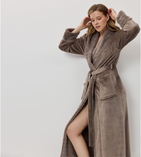 Peignoir long pilou col châle Taupe