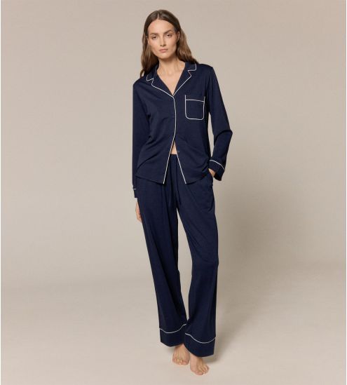 Pyjama long boutonné bleu marine