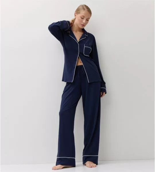 Pyjama long boutonné bleu marine