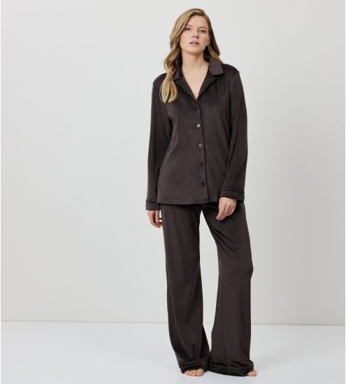 Pyjama chaud en velours uni chocolat