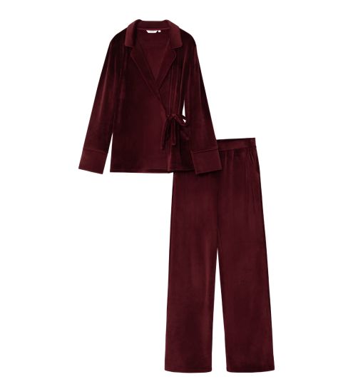 Pyjama chaud en velours uni bordeaux