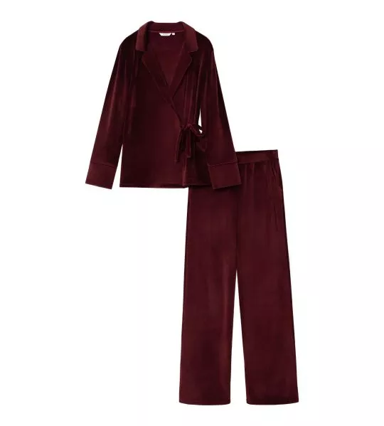 Pyjama chaud en velours uni bordeaux