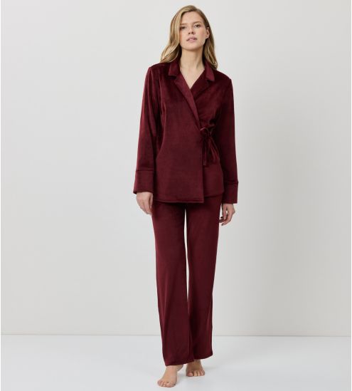 Pyjama chaud en velours uni bordeaux