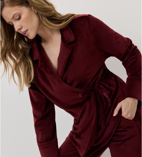 Pyjama chaud en velours uni bordeaux