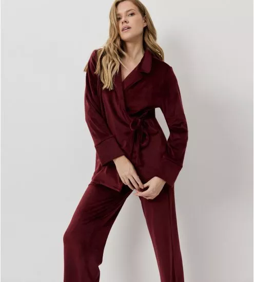 Pyjama chaud en velours uni bordeaux