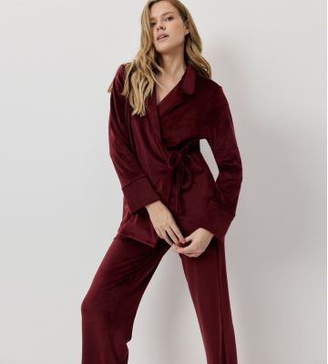 Pyjama chaud en velours uni bordeaux