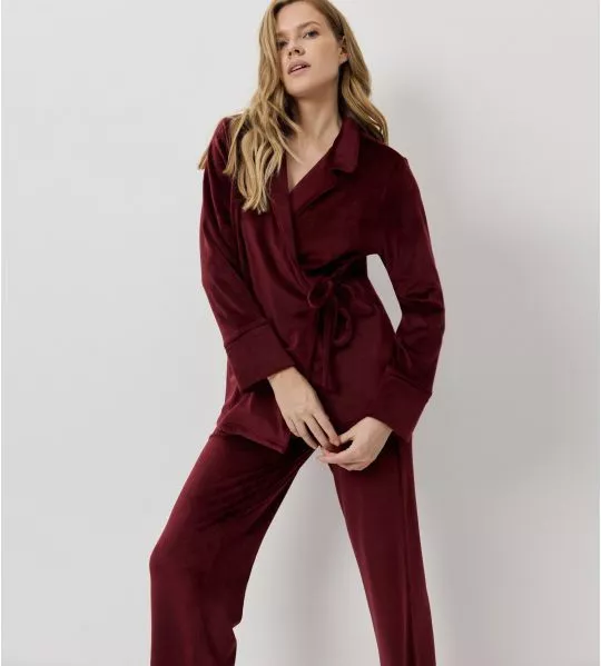 Pyjama chaud en velours uni bordeaux