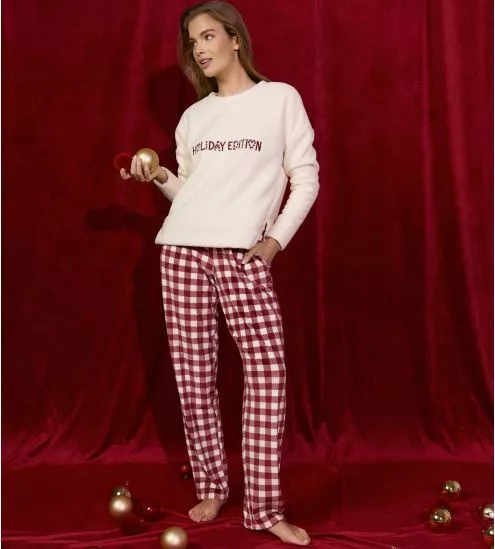 Pyjama polaire de Noël Écru Rouge