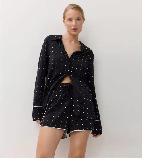 Pyjama chemise short noir à pois blancs