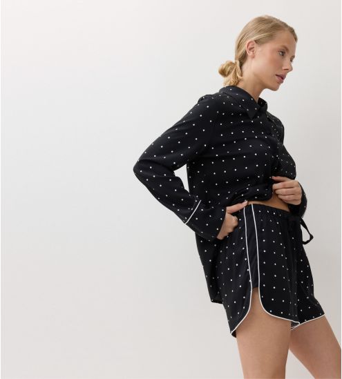 Pyjama chemise short noir à pois blancs