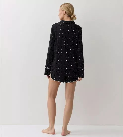 Pyjama chemise short noir à pois blancs
