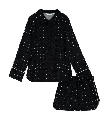 Pyjama chemise short noir à pois blancs